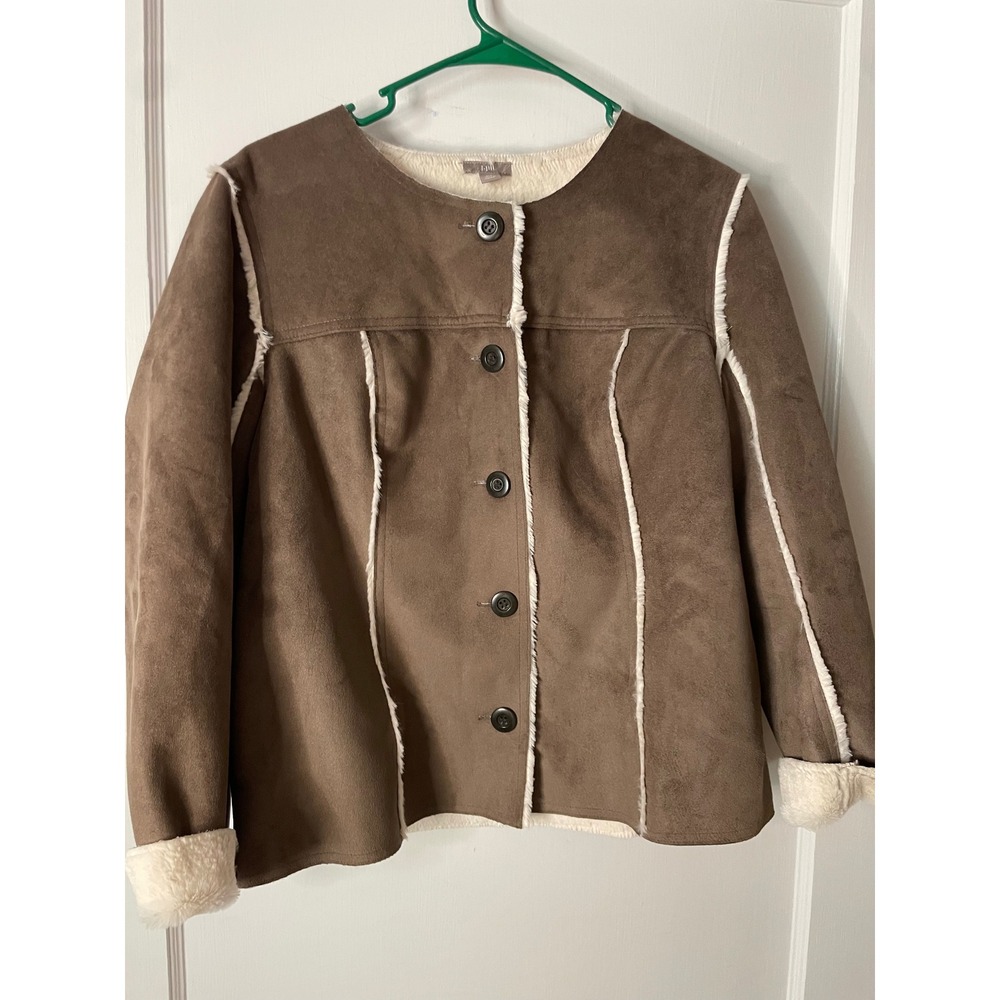 JJill Petite Faux Suede Sherpa Lined Jacket Brown Button Front‎ Lined Womens MP